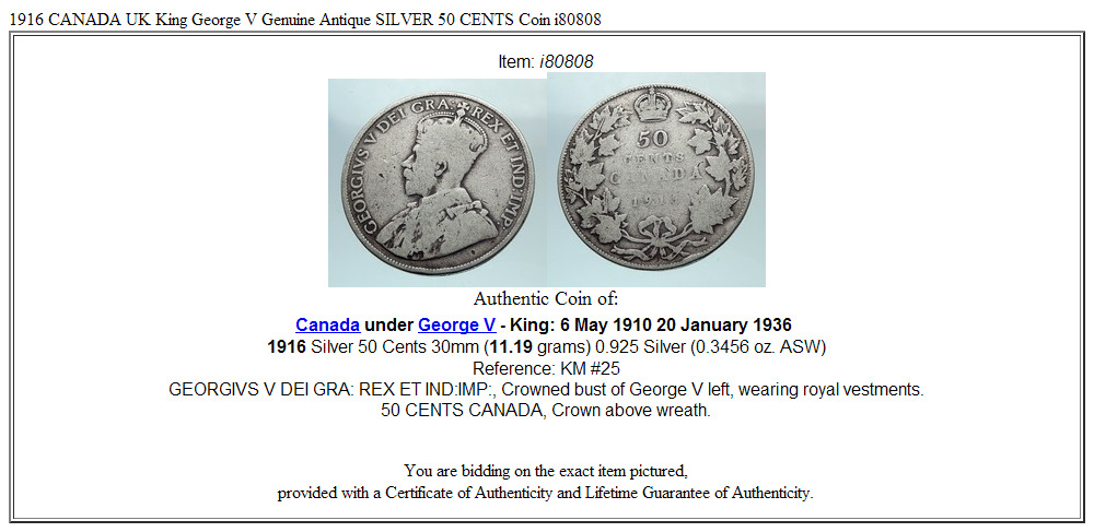 1916 CANADA UK King George V Genuine Antique SILVER 50 CENTS Coin i80808