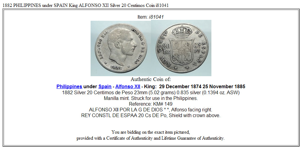 1882 PHILIPPINES under SPAIN King ALFONSO XII Silver 20 Centimos Coin i81041