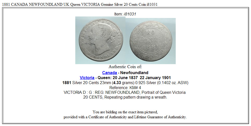 1881 CANADA NEWFOUNDLAND UK Queen VICTORIA Genuine Silver 20 Cents Coin i81031