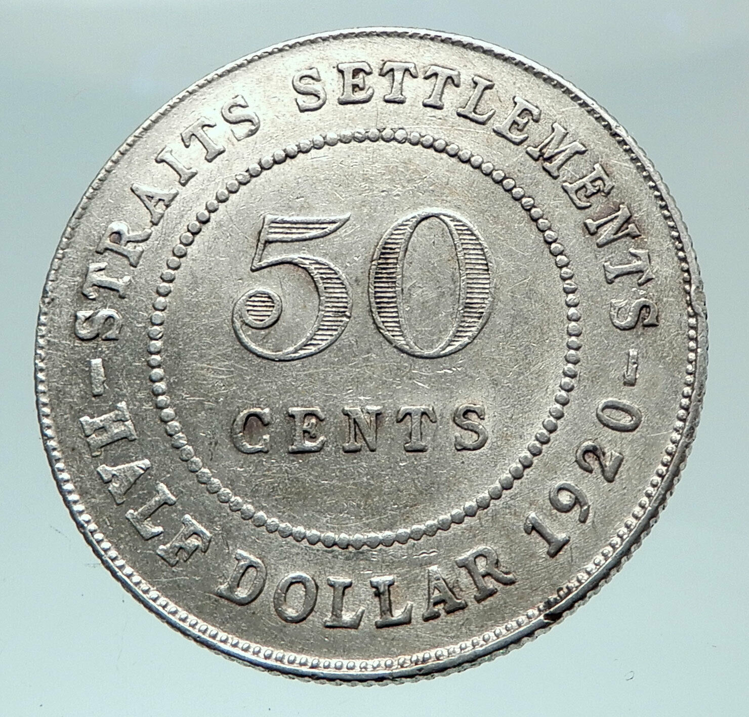 1920 STRAITS SETTLEMENTS UK King George V Genuine SILVER 50 CENTS Coin i81584