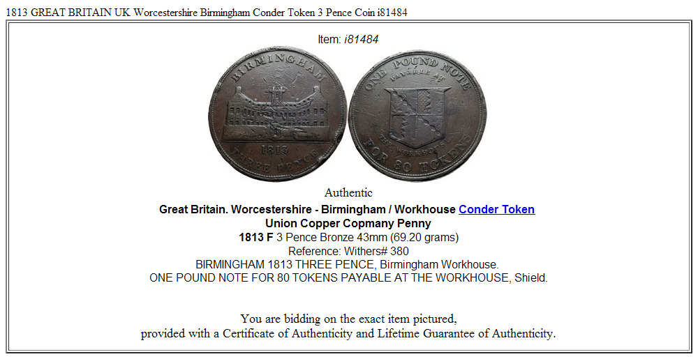 1813 GREAT BRITAIN UK Worcestershire Birmingham Conder Token 3 Pence Coin i81484