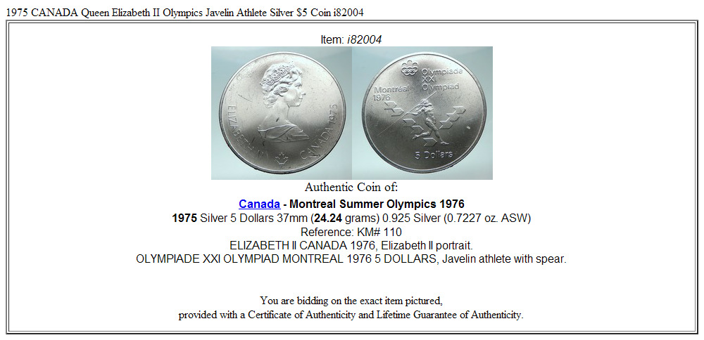 1975 CANADA Queen Elizabeth II Olympics Javelin Athlete Silver $5 Coin i82004