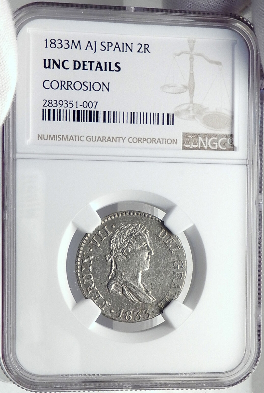 1833 SPAIN King FERDINAND VII Antique Silver 2 Reales Spanish Coin NGC i81941