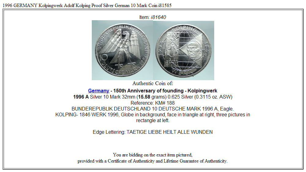 1996 GERMANY Kolpingwerk Adolf Kolping Proof Silver German 10 Mark Coin i81640