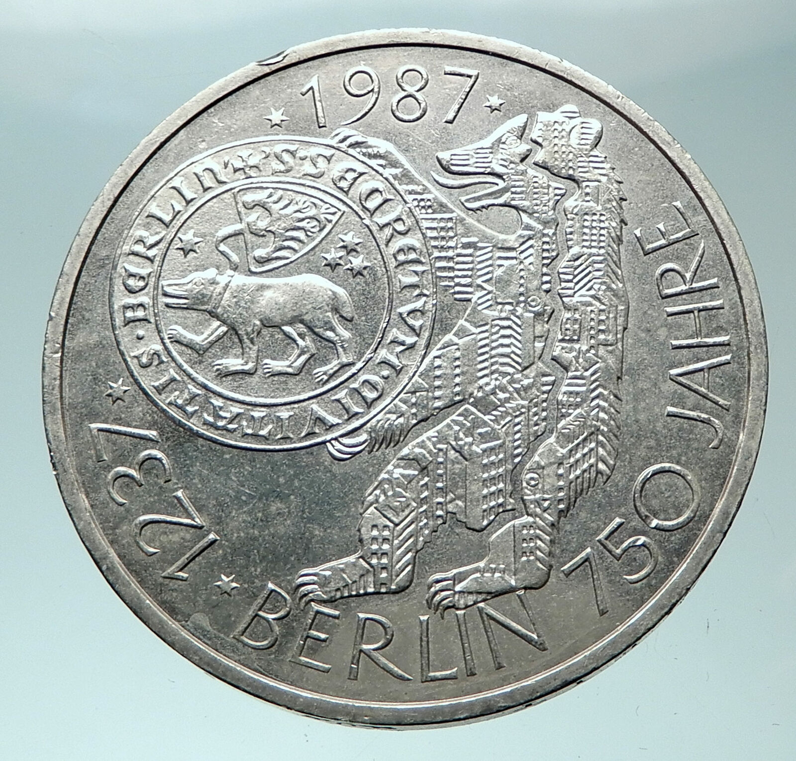 1987 J GERMANY City of Berlin Bear Genuine Antique Silver 10 Mark Coin i82006