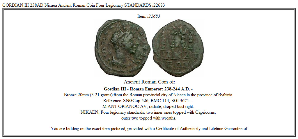 GORDIAN III 238AD Nicaea Ancient Roman Coin Four Legionary STANDARDS i22683