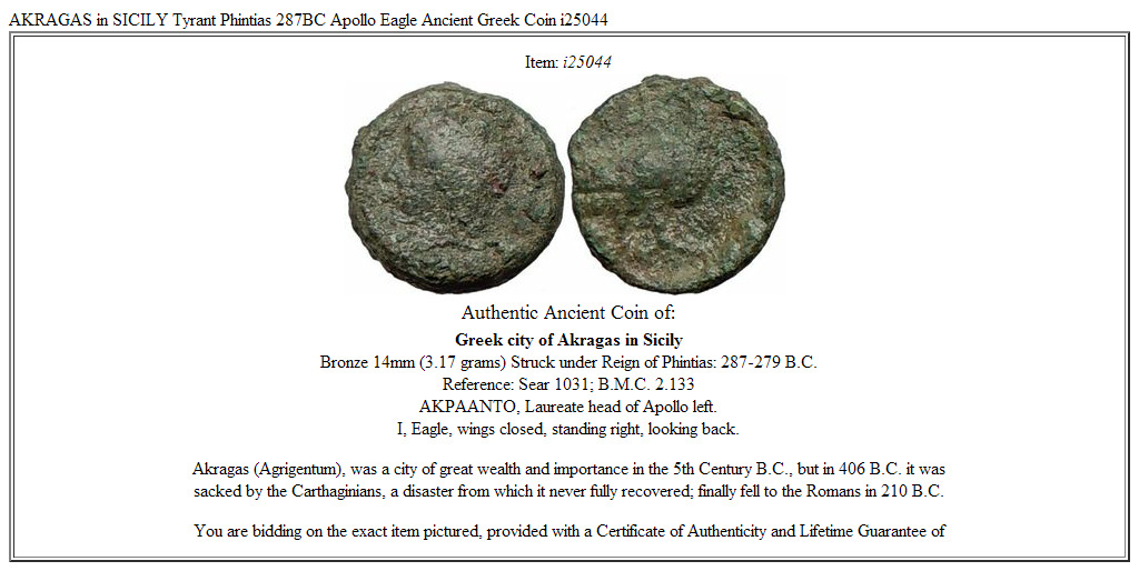 AKRAGAS in SICILY Tyrant Phintias 287BC Apollo Eagle Ancient Greek Coin i25044