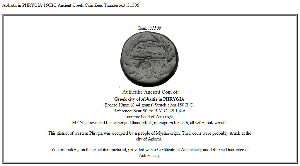 Abbaitis in PHRYGIA 150BC Ancient Greek Coin Zeus Thunderbolt i31506