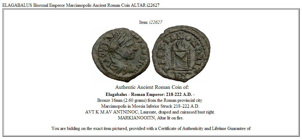 ELAGABALUS Bisexual Emperor Marcianopolis Ancient Roman Coin ALTAR i22627