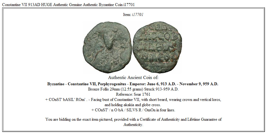 Constantine VII 913AD HUGE Authentic Genuine Authentic Byzantine Coin i17701