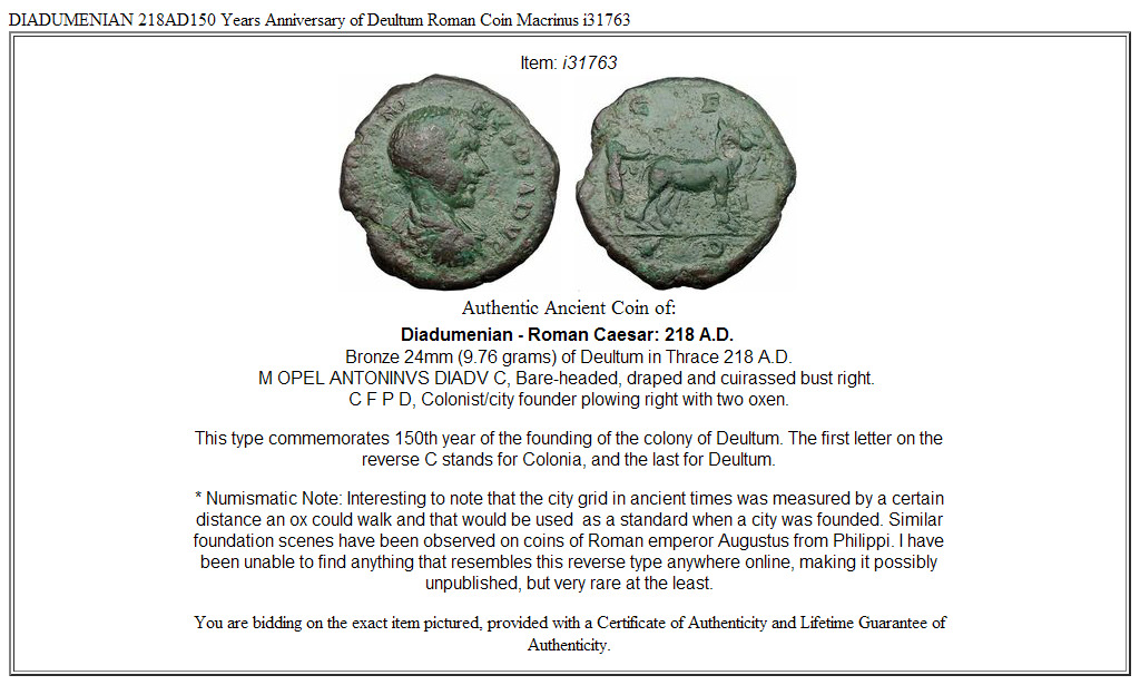 DIADUMENIAN 218AD150 Years Anniversary of Deultum Roman Coin Macrinus i31763