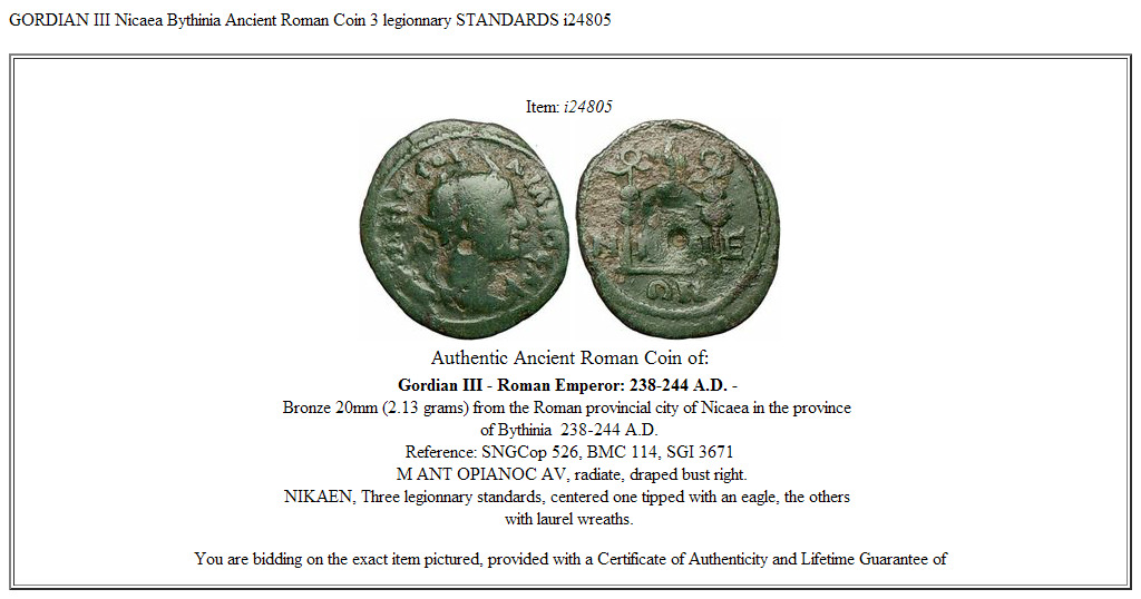 GORDIAN III Nicaea Bythinia Ancient Roman Coin 3 legionnary STANDARDS i24805