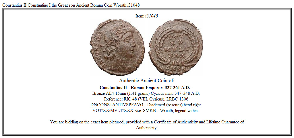 Constantius II Constantine I the Great son Ancient Roman Coin Wreath i31048