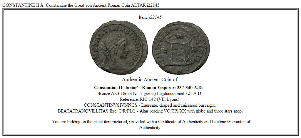 CONSTANTINE II Jr. Constantine the Great son Ancient Roman Coin ALTAR i22145