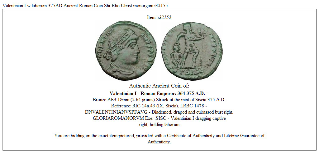 Valentinian I w labarum 375AD Ancient Roman Coin Shi-Rho Christ monorgam i32155