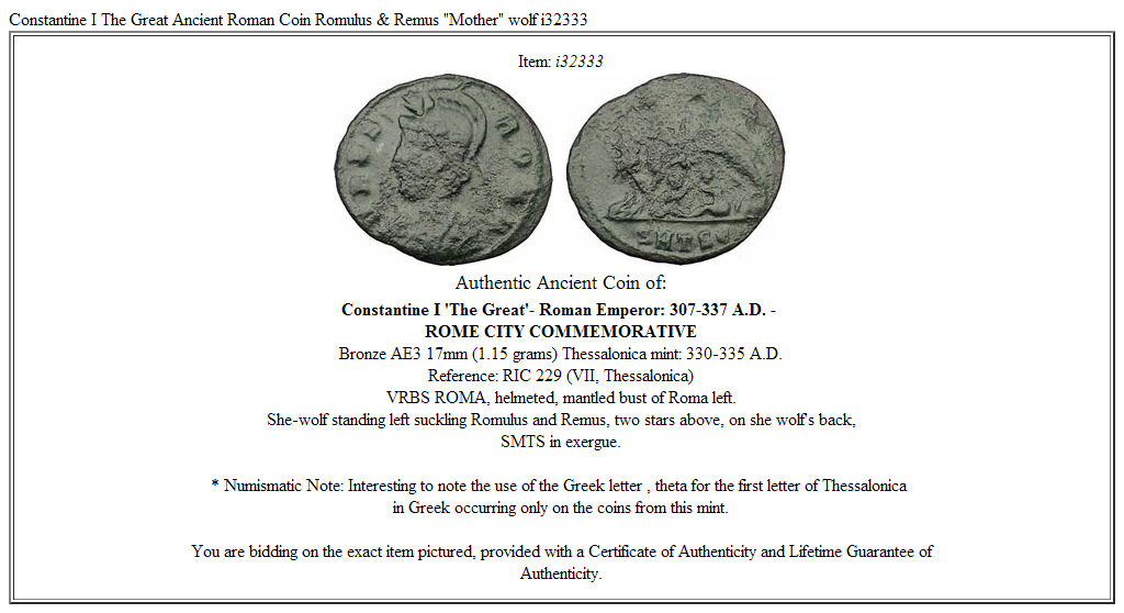 Constantine I The Great Ancient Roman Coin Romulus & Remus "Mother" wolf i32333