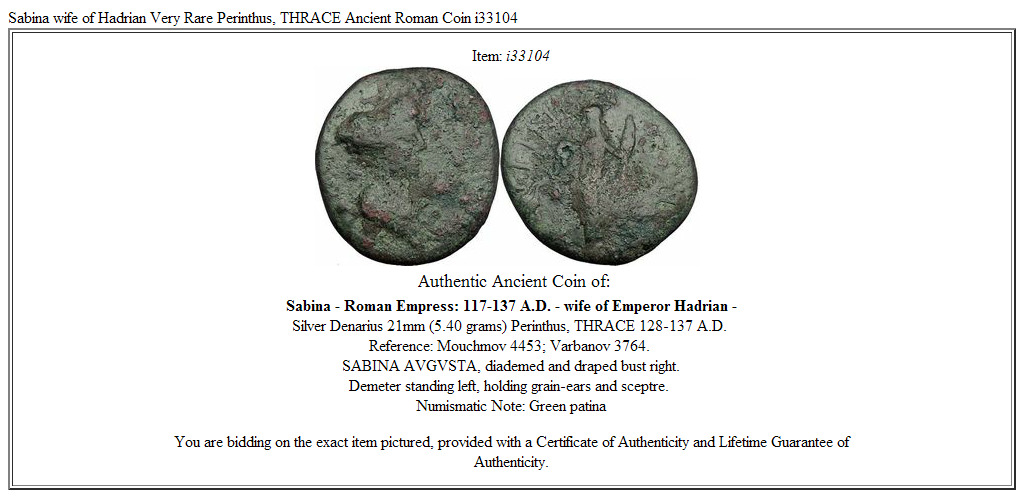 Sabina wife of Hadrian Very Rare Perinthus, THRACE Ancient Roman Coin i33104