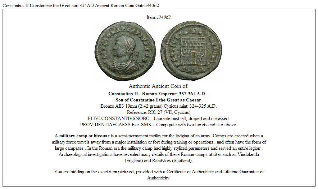 Constantius II Constantine the Great son 324AD Ancient Roman Coin Gate i34062