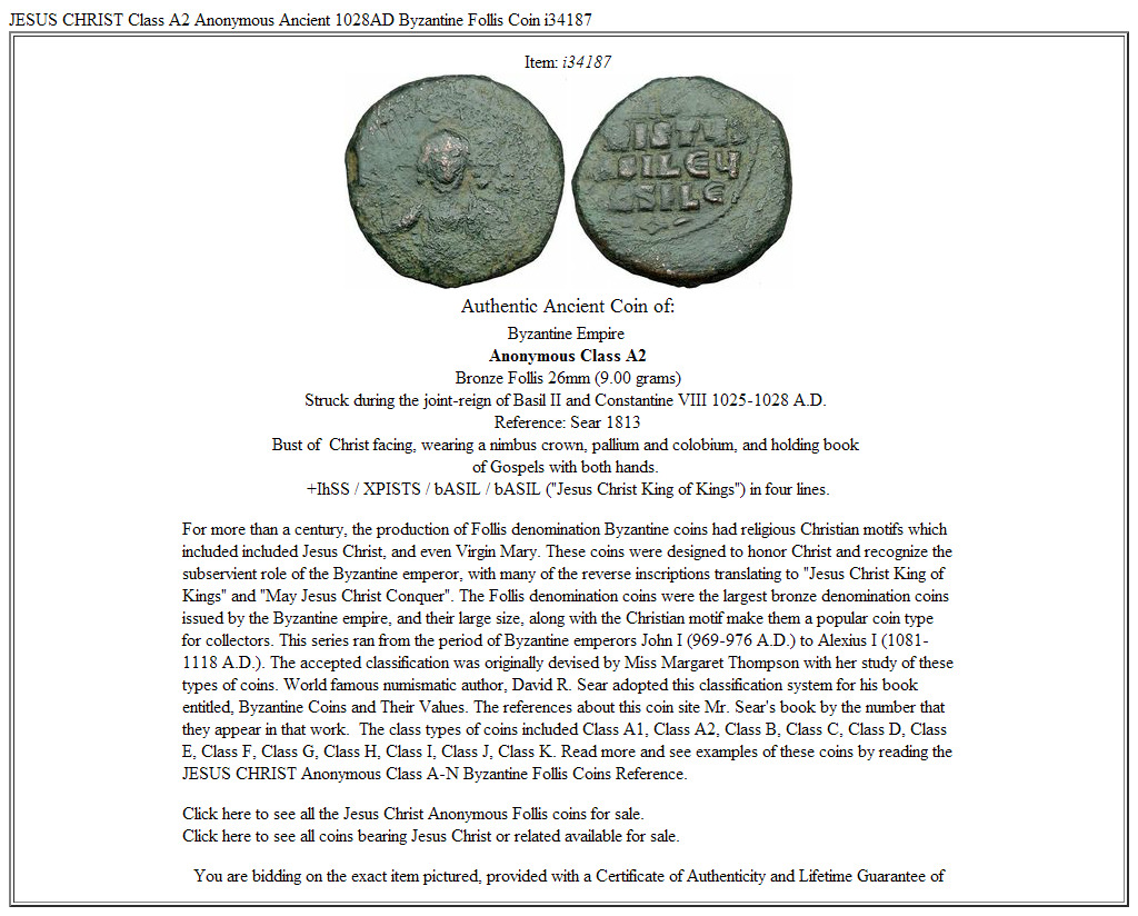 JESUS CHRIST Class A2 Anonymous Ancient 1028AD Byzantine Follis Coin i34187