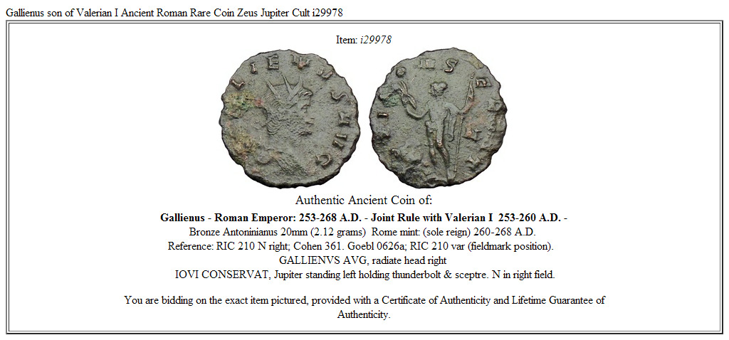 Gallienus son of Valerian I Ancient Roman Rare Coin Zeus Jupiter Cult i29978