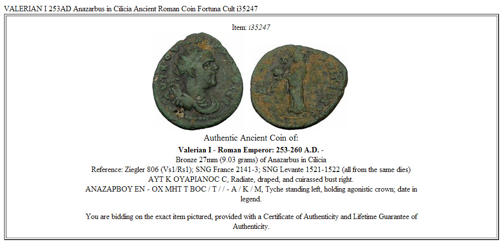 VALERIAN I 253AD Anazarbus in Cilicia Ancient Roman Coin Fortuna Cult i35247