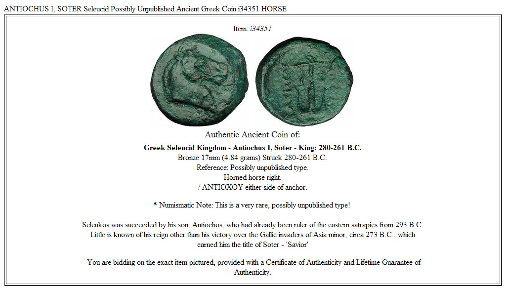 ANTIOCHUS I, SOTER Seleucid Possibly Unpublished Ancient Greek Coin i34351 HORSE