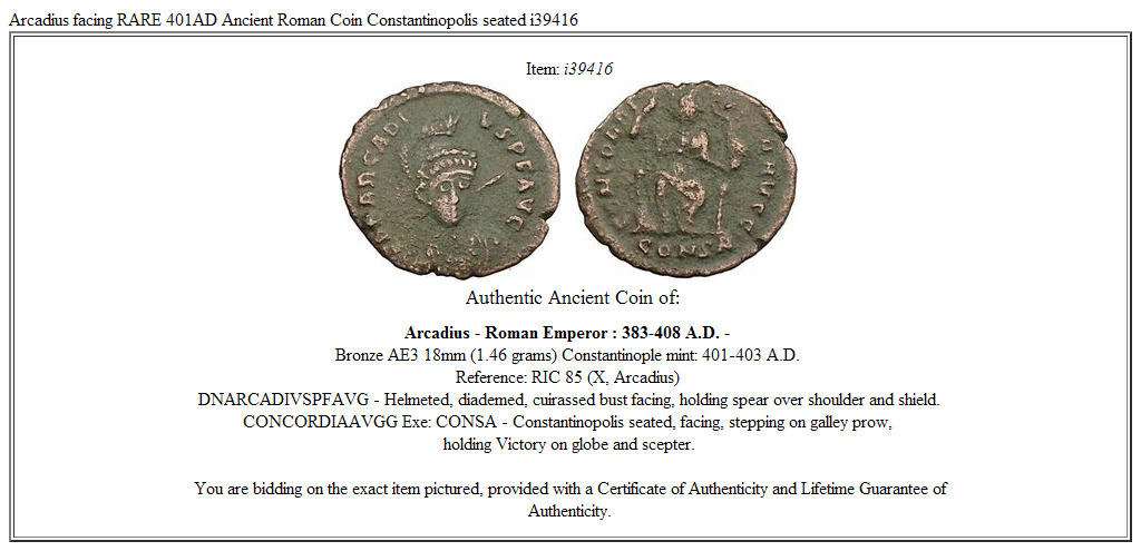 Arcadius facing RARE 401AD Ancient Roman Coin Constantinopolis seated i39416