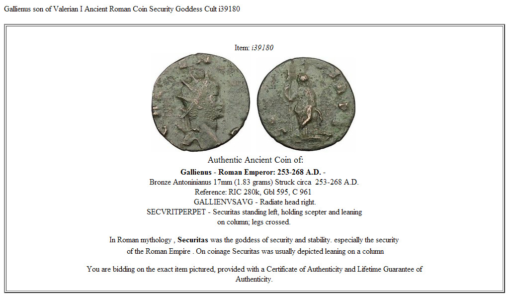 Gallienus son of Valerian I Ancient Roman Coin Security Goddess Cult i39180