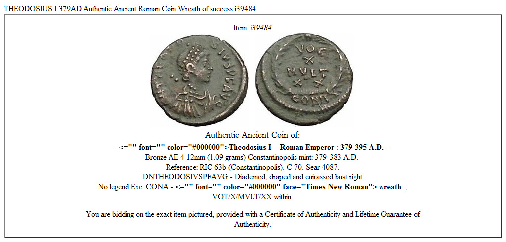THEODOSIUS I 379AD Authentic Ancient Roman Coin Wreath of success i39484
