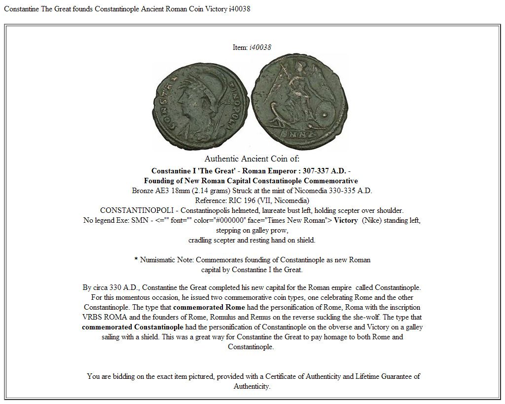 Constantine The Great founds Constantinople Ancient Roman Coin Victory i40038