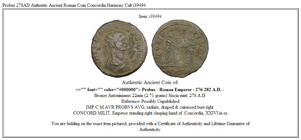 Probus 278AD Authentic Ancient Roman Coin Concordia Harmony Cult i39494