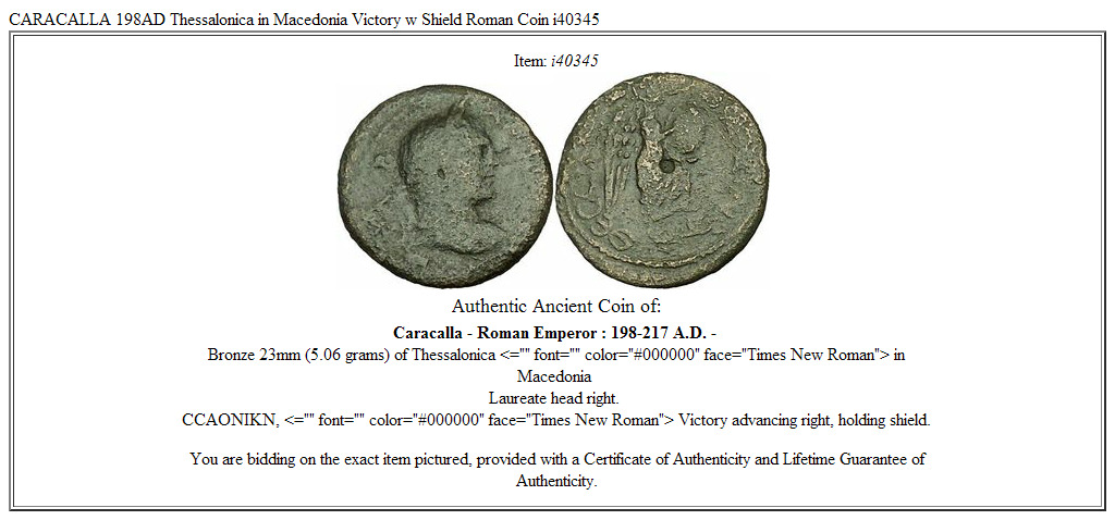 CARACALLA 198AD Thessalonica in Macedonia Victory w Shield Roman Coin i40345