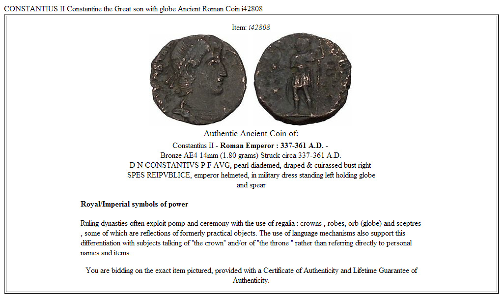CONSTANTIUS II Constantine the Great son with globe Ancient Roman Coin i42808