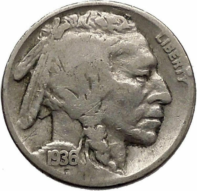 1936 BUFFALO NICKEL 5 Cents of United States of America USA Antique Coin i43867