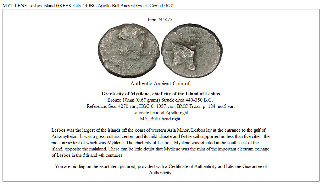 MYTILENE Lesbos Island GREEK City 440BC Apollo Bull Ancient Greek Coin i45678