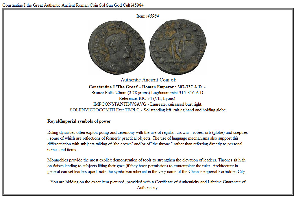 Constantine I the Great Authentic Ancient Roman Coin Sol Sun God Cult i45984