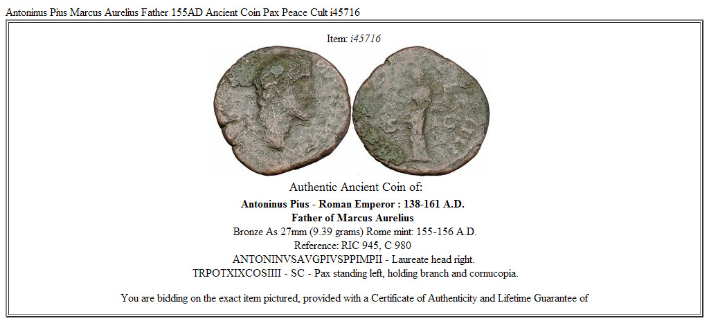 Antoninus Pius Marcus Aurelius Father 155AD Ancient Coin Pax Peace Cult i45716