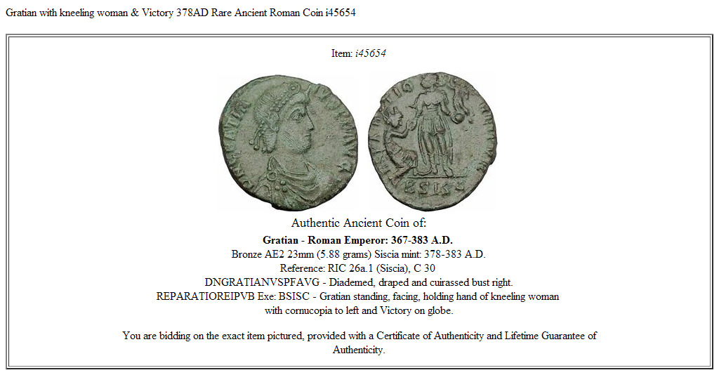 Gratian with kneeling woman & Victory 378AD Rare Ancient Roman Coin i45654