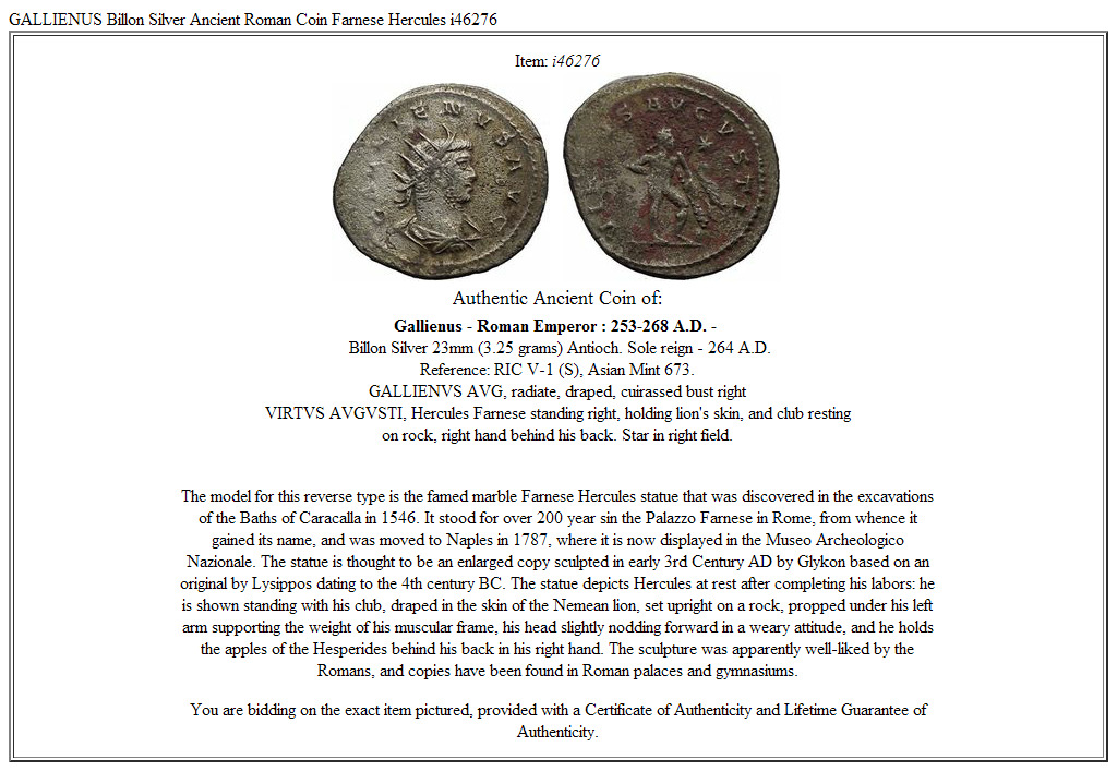 GALLIENUS Billon Silver Ancient Roman Coin Farnese Hercules i46276