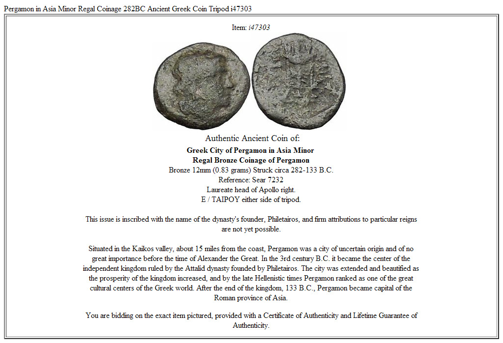 Pergamon in Asia Minor Regal Coinage 282BC Ancient Greek Coin Tripod i47303