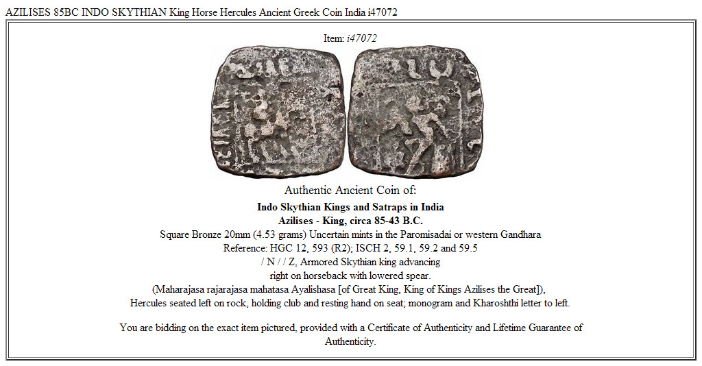 AZILISES 85BC INDO SKYTHIAN King Horse Hercules Ancient Greek Coin India i47072