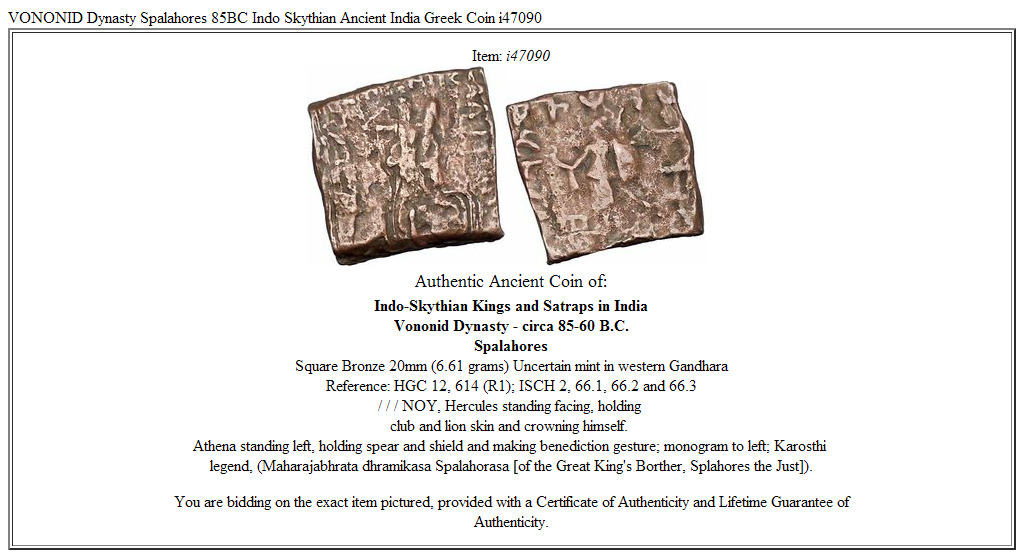 VONONID Dynasty Spalahores 85BC Indo Skythian Ancient India Greek Coin i47090