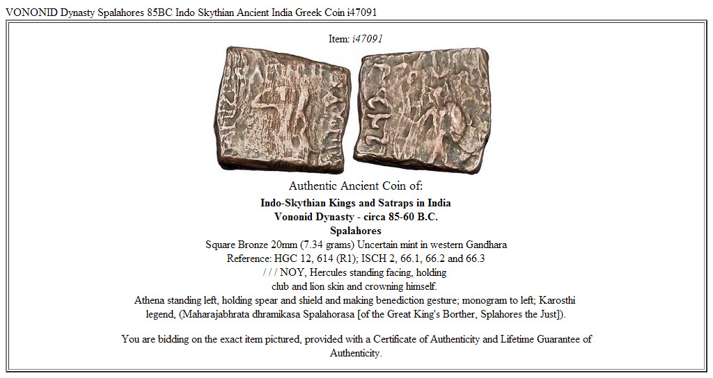 VONONID Dynasty Spalahores 85BC Indo Skythian Ancient India Greek Coin i47091