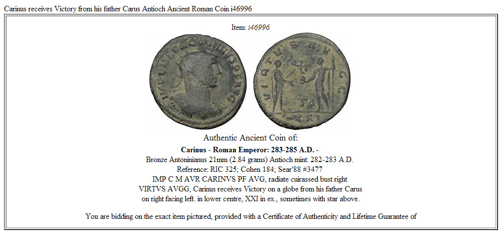 Carinus receives Victory from his father Carus Antioch Ancient Roman Coin i46996