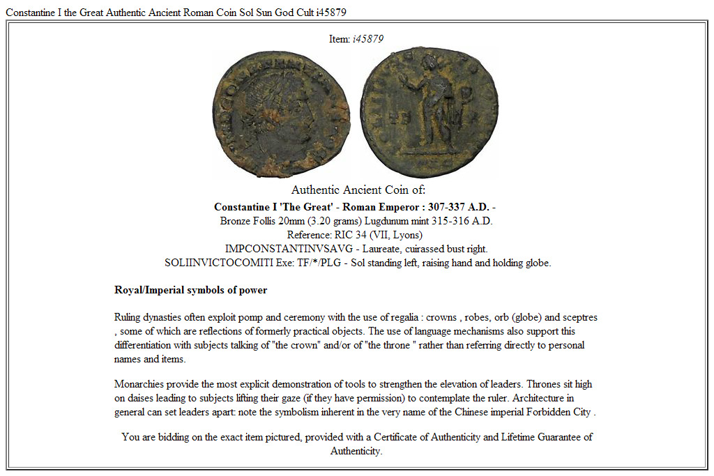 Constantine I the Great Authentic Ancient Roman Coin Sol Sun God Cult i45879