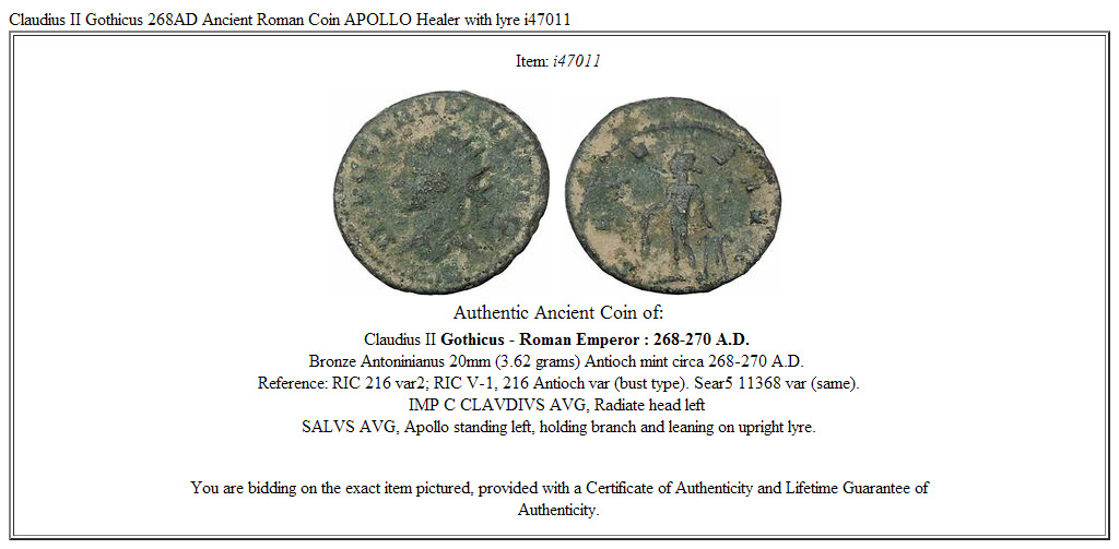 Claudius II Gothicus 268AD Ancient Roman Coin APOLLO Healer with lyre i47011