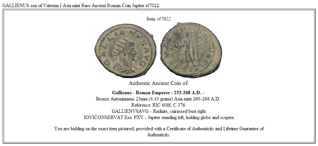 GALLIENUS son of Valerian I Asia mint Rare Ancient Roman Coin Jupiter i47022