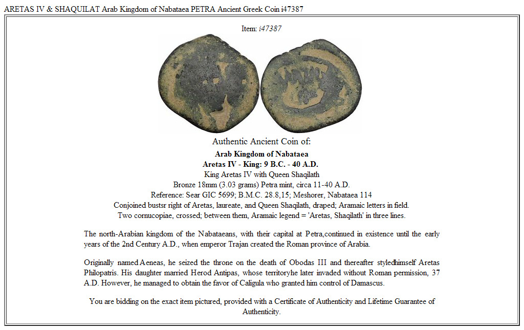ARETAS IV & SHAQUILAT Arab Kingdom of Nabataea PETRA Ancient Greek Coin i47387
