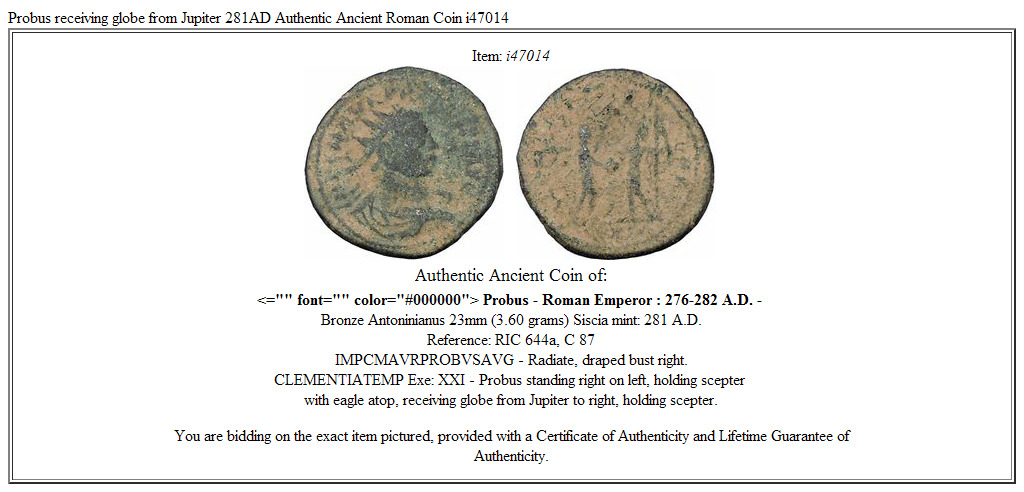 Probus receiving globe from Jupiter 281AD Authentic Ancient Roman Coin i47014