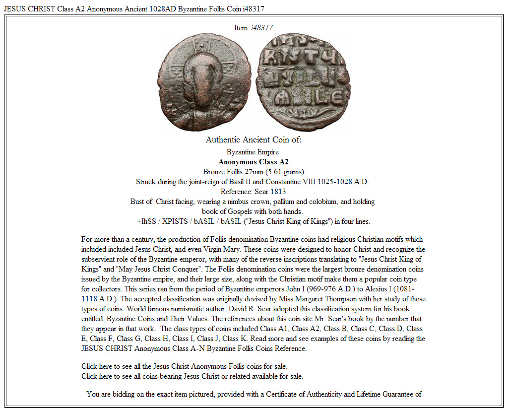 JESUS CHRIST Class A2 Anonymous Ancient 1028AD Byzantine Follis Coin i48317